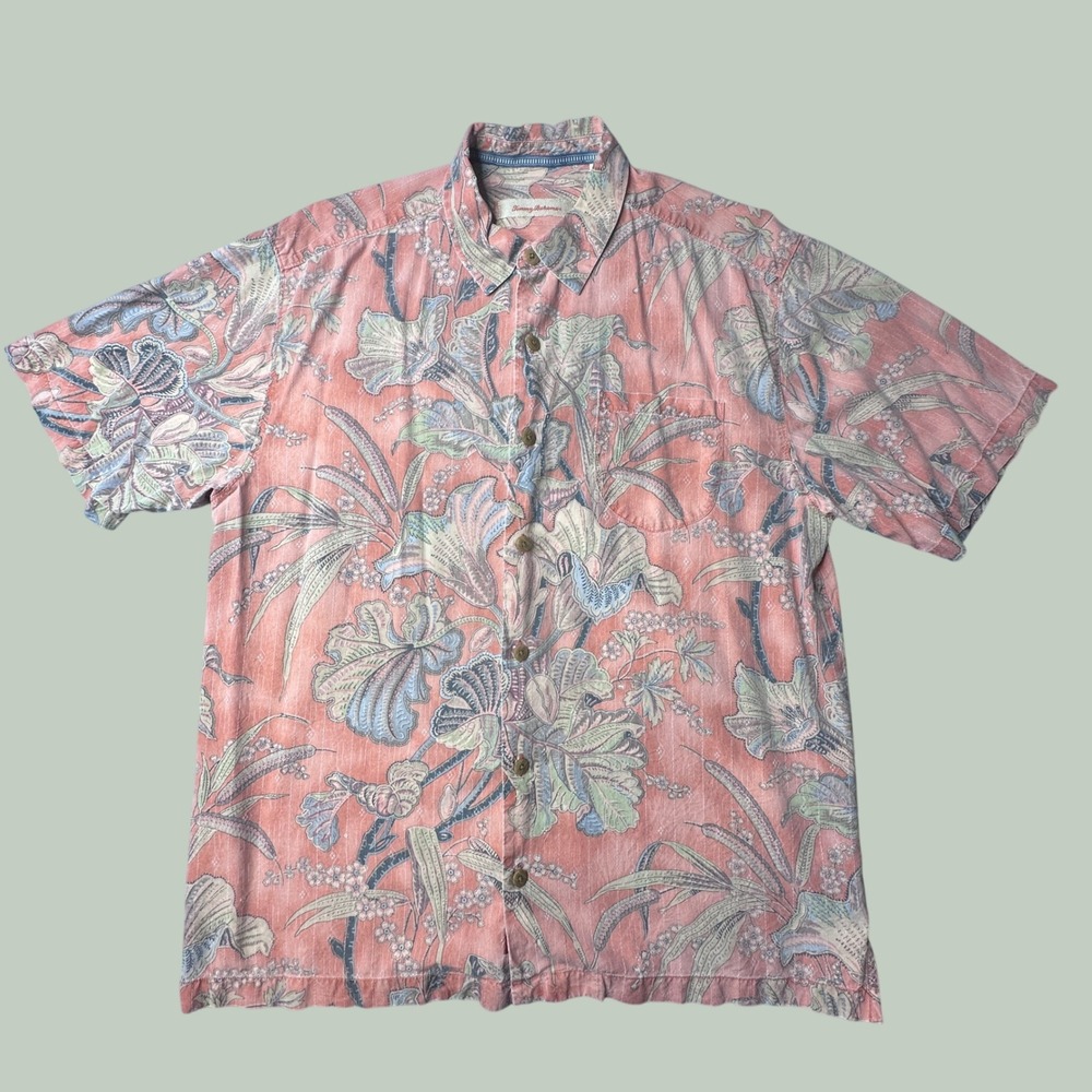 Tommy Bahama Shirt Mens L Silk Tropical Floral Coral Pink Short Sleeve Button Up